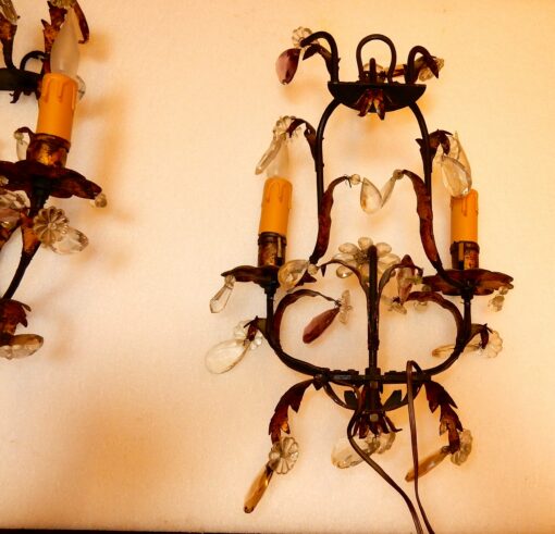 1950/70' Pair of sconces in iron with cristal 2 colours  in the style of  Maison Bagués - Image 7