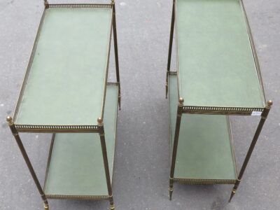1970' Pair of bronze Etagere Maison Bagués with galleries sheathed with green skai