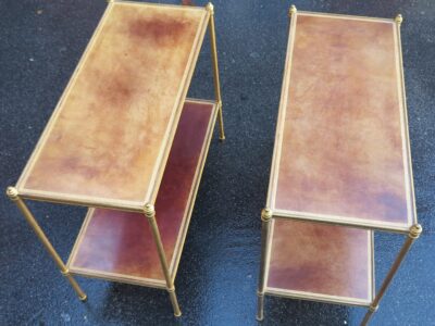 1970' Pair of Shelf in brass Maison Bagués 2 tray with leather