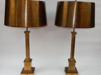1950/70 Pair Of Lamps With Coryntian Columns In Brass And Bronze Signed Charles
