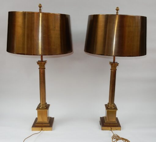 1950/70 Pair Of Lamps With Coryntian Columns In Brass And Bronze Signed Charles