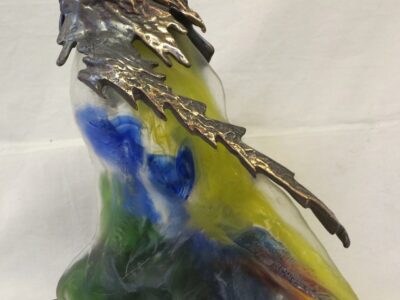 Bronze eagle and training(forming) molten glass swigs, signed LOHE
