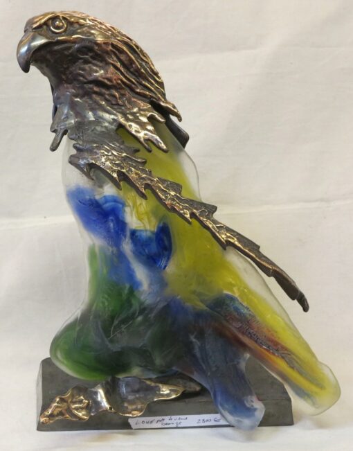 Bronze eagle and training(forming) molten glass swigs, signed LOHE