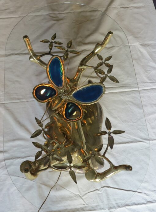 1970' Lighting Coffee table in the Bonsai on golden bronze sand dune Willy  Daro or Duval Brasseur with butterfly in bronze  and fly in blue agate - Image 4