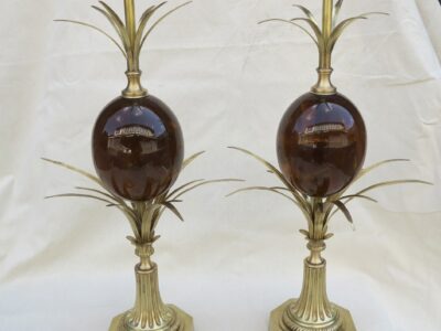 Pair of bronze lamps and egg amber way signed  Charles