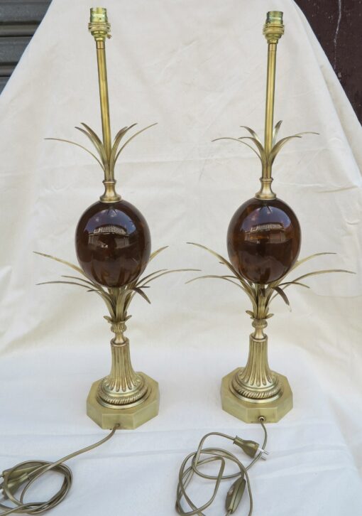 Pair of bronze lamps and egg amber way signed  Charles