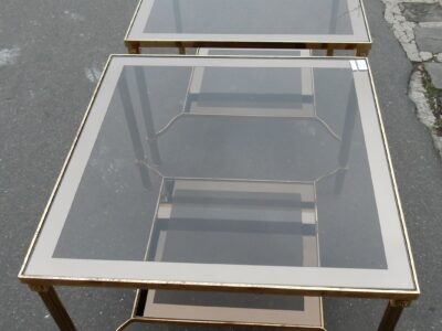 1970' Pair of side tables in gilt metal with trays in smoked glass, 61X 61 cm