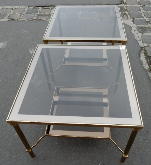 1970' Pair of side tables in gilt metal with trays in smoked glass, 61X 61 cm
