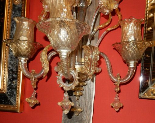 1950/70 ' Pair of  Wall Lamps has 3 Arms of  Light, Crystal of Murano With  Straws of Gold 58 H X 50 cm - Image 4