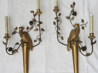 Pair of sconces to the golden wooden parakeets and golden iron