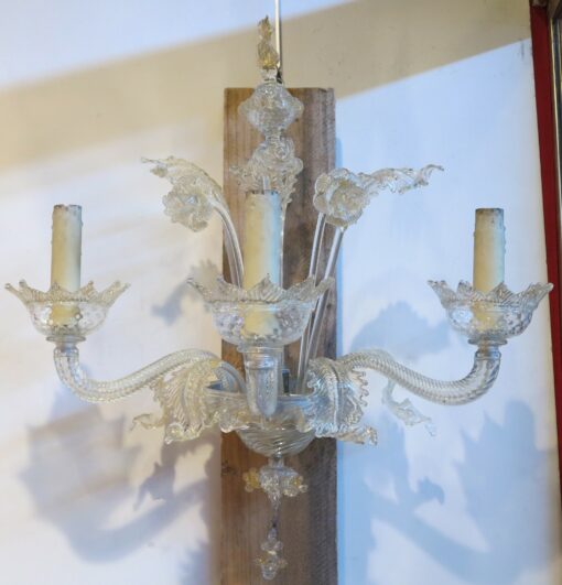 1950' Paire d'Appliques Cristal Murano et Inclusion Feuilles d'Or 3 Bras
