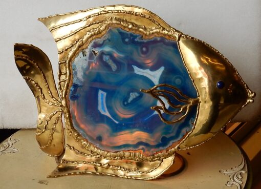1970' Lampe Poisson  En Laiton Avec Agate Bleue Style Duval Brasseur Éclairante – Image 8