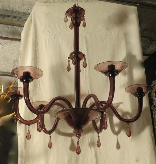 Chandelier color purple murano 6 arms of lights H90 Diam 80