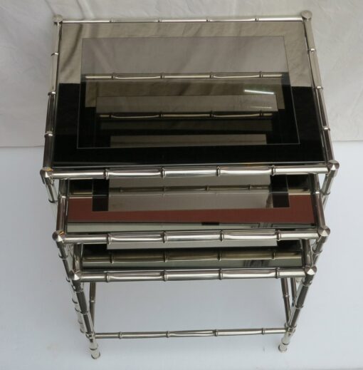 1950/70 Series of 3 Nesting tables chromed brass Model Bamboo Adnet Jacques top silvered frame - Image 2
