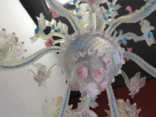 1950' Lustre Murano à 6 Lumières en Verre Bleu Opalescent et Pâte de Verre Rose – Image 4