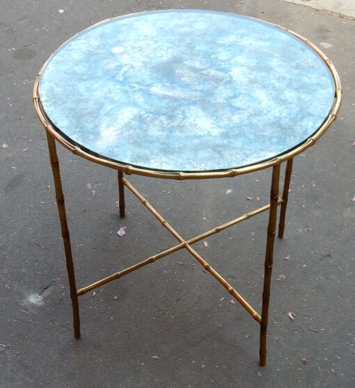1950,70' Round Pedestal Table Model  Bamboo Maison Bagués Top Oxyded And Olded Mirror - Image 3