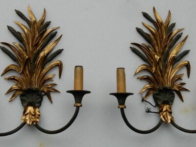 1950/70' Pair of Sconces to Reeds in Bronze Gilted And Patined