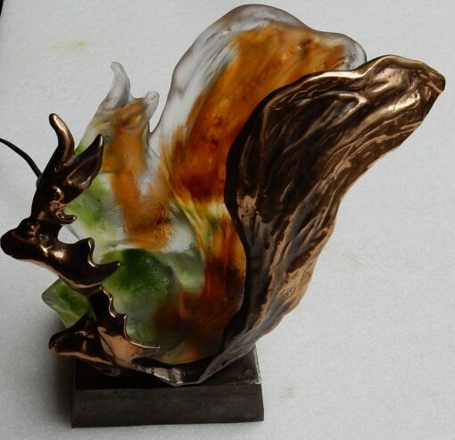 1970/80' Ecureuil en bronze et pâte de verre formant lampe signé LOHE