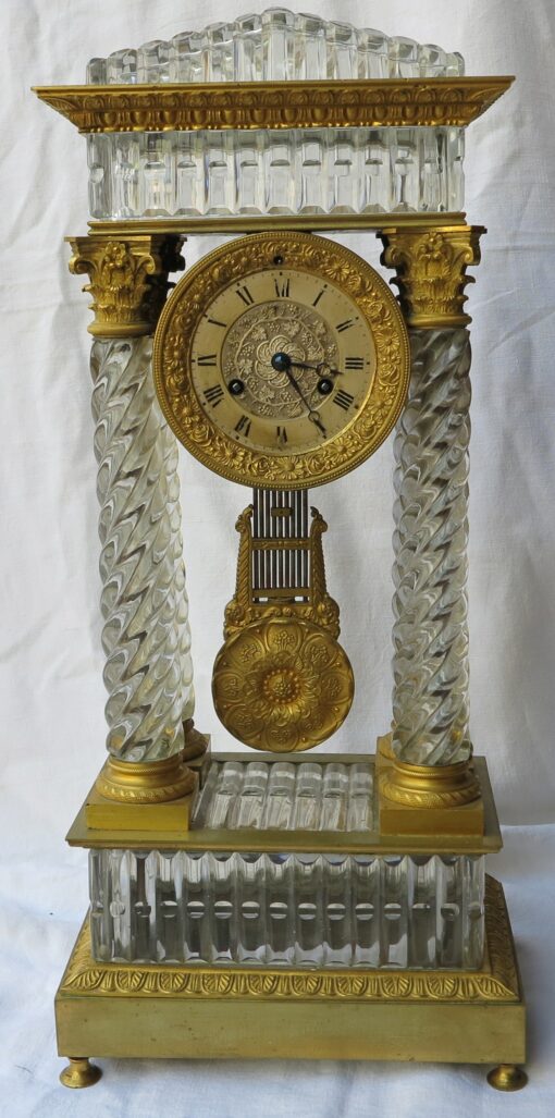 1830' Clock Portico Charles X Crystal Baccarat and Golden Bronze