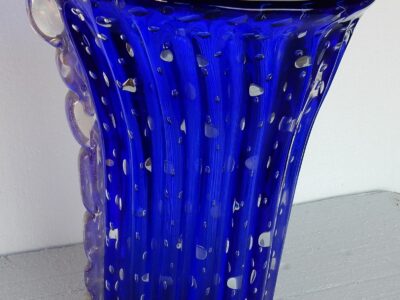 1970' Vase Cristal Murano Bleu et Or Toso Signé
