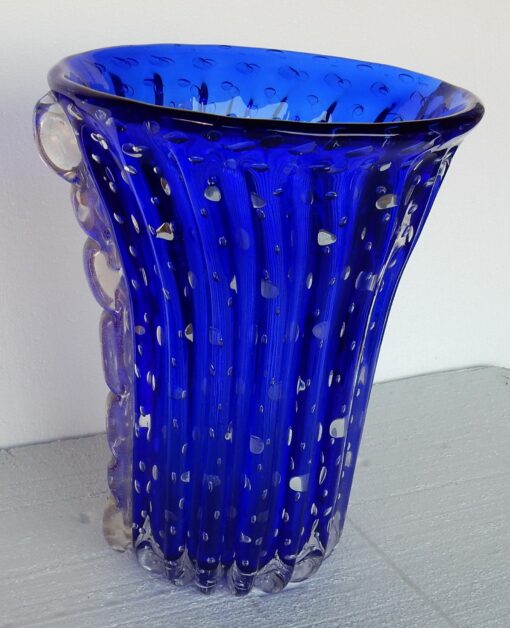1970' Vase Cristal Murano Bleu et Or Toso Signé