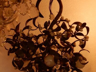 1900'  Ball of Mistletoe Art Nouveau Bronze has 5 Bulbs and Pearls Opaline  Diameter 35 cm