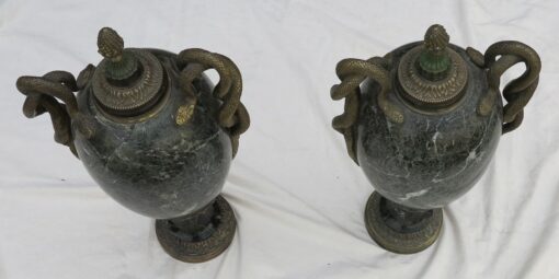 Pair of cassolettes N3 marbles green and snakes in bronze - Image 2