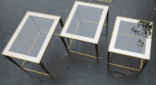 1950/70 Series of 3 Nesting gilted bronze tables top smoked glass silvered frame - Image 7