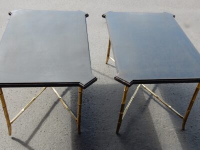 1950/70' Paire de Bouts de Canapés Bronze Modèle Bambou Plateau Laque de Chine Style Maison Jansen 89 X 57 cm