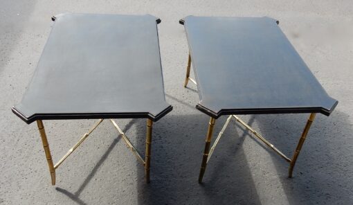 1950/70' Paire de Bouts de Canapés Bronze Modèle Bambou Plateau Laque de Chine Style Maison Jansen 89 X 57 cm