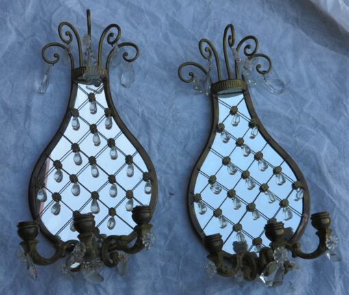 1950/70 Pair of wall lamps in the shape of racket with glass drops
