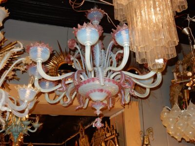 1950' Murano Chandelier has 12 Blue Glass Lights Opalescent and Pink Molten Glass