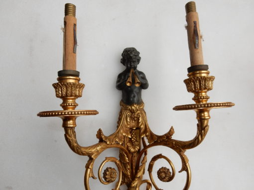 1900 'Pair Of Sconces With Two Arms Of Light Louis XVI Style Gilt Bronze After A Model Jean HAURE Decor Busts Children Musicians - Image 8