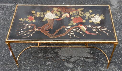 1950/70' Table Basse Bronze Décor Palmier, Plateau Laque de Chine Style Maison Baguès – Image 2