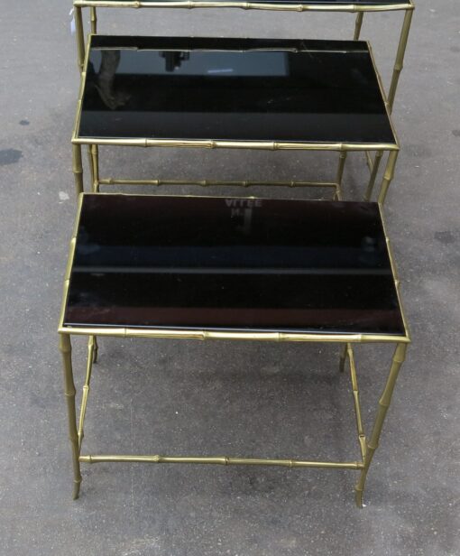 1950/70 Series of 3 Nested Tables Model Bamboo with Black Opaline Maison Baguès - Image 3