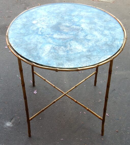 1950,70' Round Pedestal Table Model  Bamboo Maison Bagués Top Oxyded And Olded Mirror