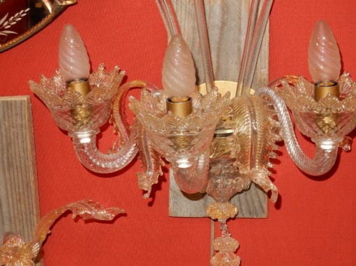 1950/70' Suite de 3 Appliques à 3 Bras de  Lumière en Cristal de Murano Avec Paillons d'Or 45 H X 40 cm – Image 8