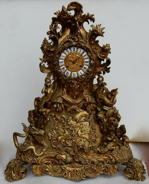 1840' Pendule Rocaille en Bronze par Denier à Paris "Un Monde Aquatique"