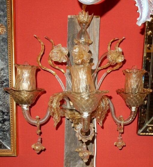 1950/70 ' Pair of  Wall Lamps has 3 Arms of  Light, Crystal of Murano With  Straws of Gold 58 H X 50 cm - Image 6