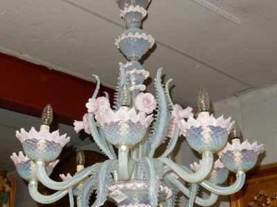 1950/70' Paire de Lustres Murano Bleu Opalescent  8 Bras de Lumiére Et 4 Appliques