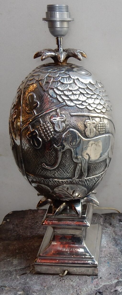 1950/70  Lampe Ananas Décor Animaux Métal Argenté