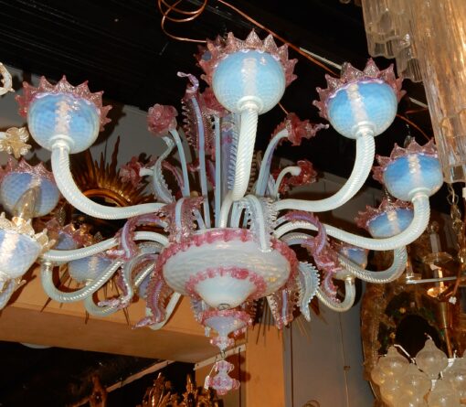 1950' Lustre Murano à 12 Bras de Lumière en Verre Bleu Opalescent et Pâte de Verre Rose – Image 6