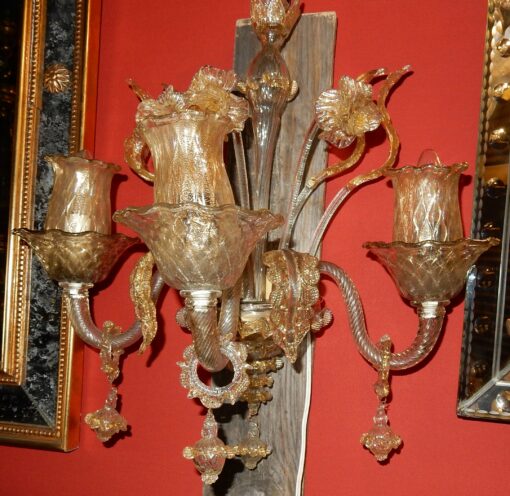 1950/70 ' Pair of  Wall Lamps has 3 Arms of  Light, Crystal of Murano With  Straws of Gold 58 H X 50 cm - Image 2