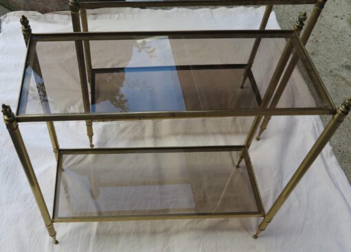 1950/70 Pair of Rectangular Ends of Sofa Maison Baguès Brass and Bronze Trays Glasses Smoked with Olympic Flames - Image 3