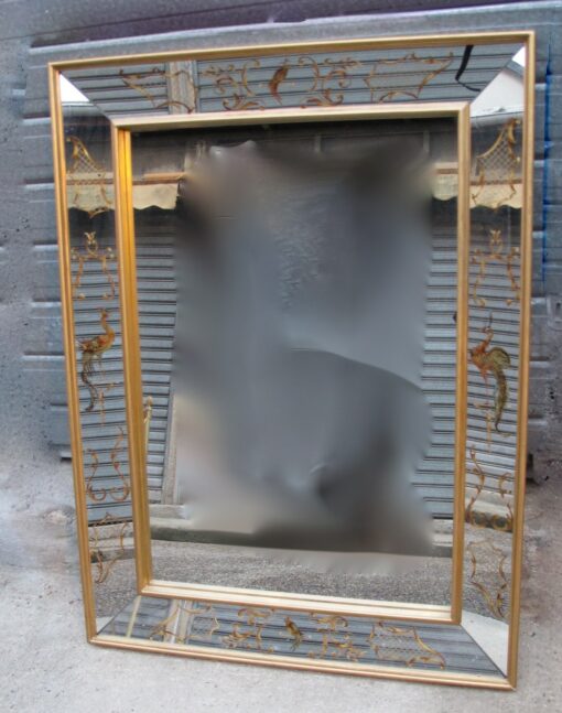 1950/70' Miroir Églomisé Aux Oiseaux Lyre 100 x 75 x 5,5 cm