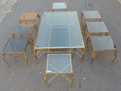 1950/70' Bronze Coffee Table With Swan and its 6 Pieces of Sofas 145 x 94 cm