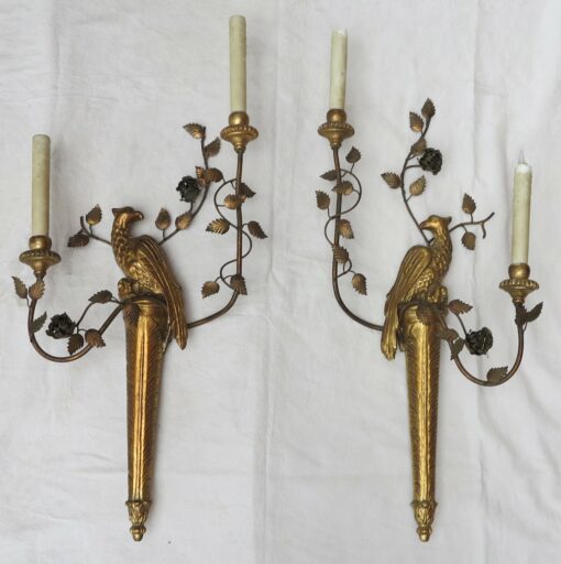 Pair of sconces to the golden wooden parakeets and golden iron - Image 2