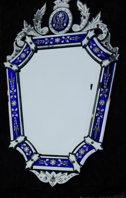 1950/70 'Mirror Venice Octagonal with Blue Glass Adorned with Flowers - Image 3