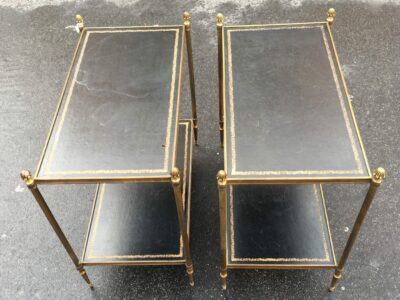 1970' Pair of Shelf in brass Maison Bagués 2 tray with black leather 64 x 37