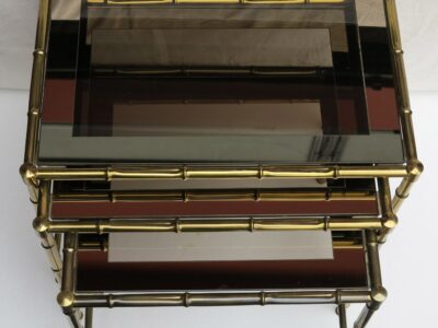1950/70 Series of 3 Nesting gilted bronze tables Modél Bamboo Adnet Jacques top silvered frame